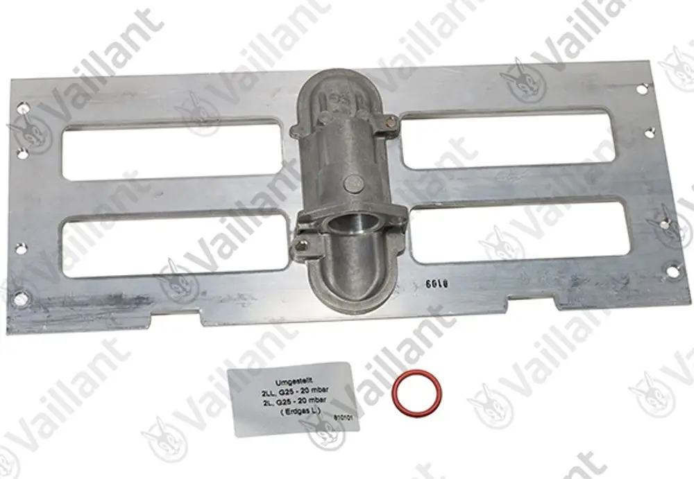 Vaillant Umstellsatz mit metallischem Halter und Dichtungsring, geeignet für Gasgeräte. Inklusive Montageschild mit technischen Informationen.